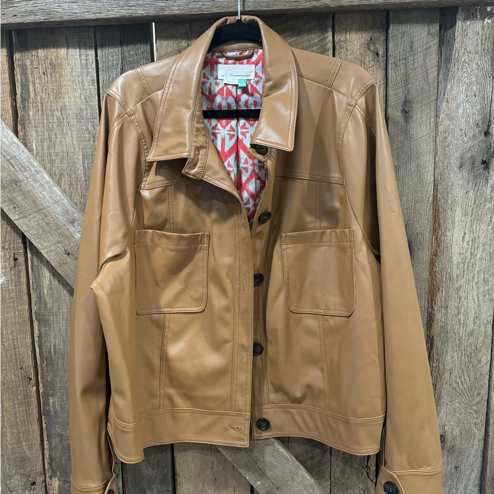 Anthropologie Tan Leather Button-Front Jacket with Patterned Lining